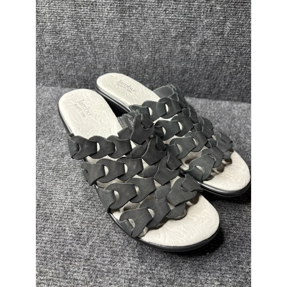 Jambu Romance Black Leather Laser Cut Wedge Slide Sandals Womens 10M Memory Foam